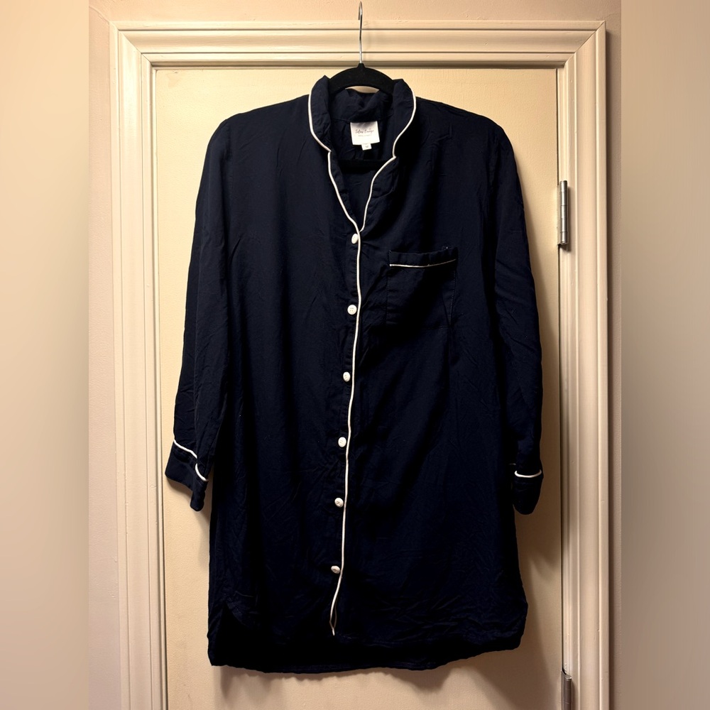 Navy Button-Up Nightshirt with White Trim